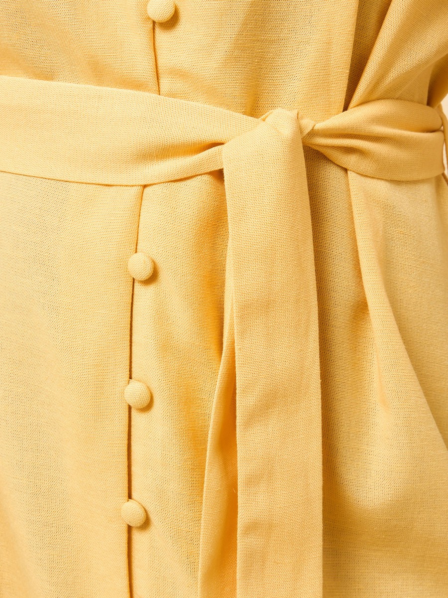 Linen Blend V-Neck Belted Dress