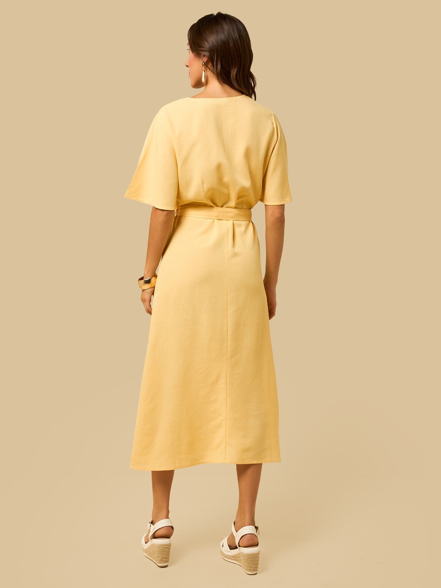Linen Blend V-Neck Belted Dress