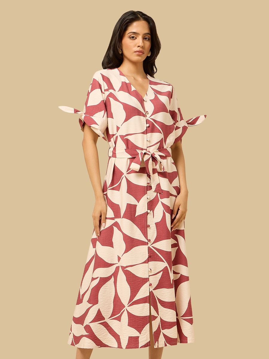 Printed V-Neck Belted Midi Shirt Dress