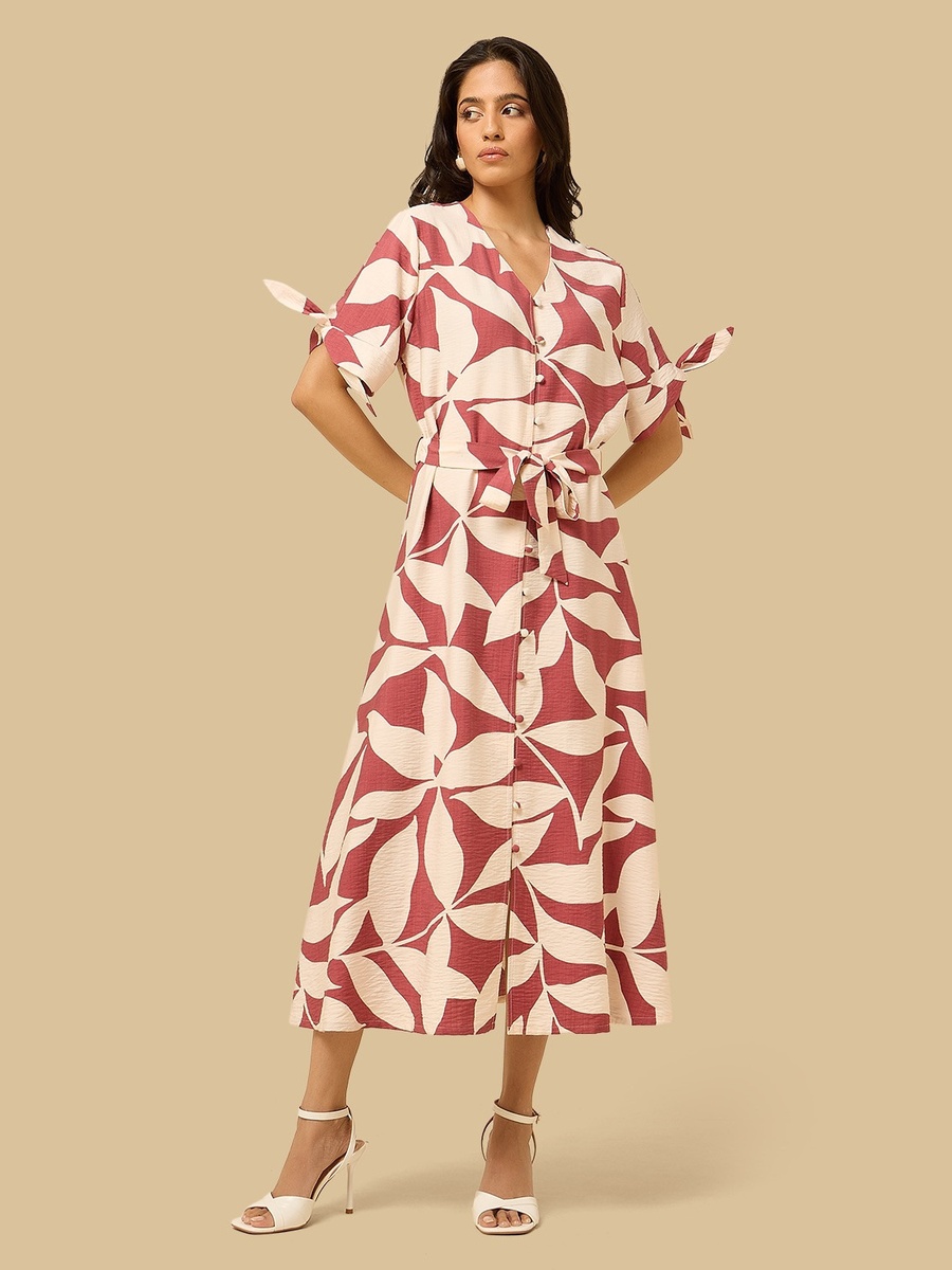 Printed V-Neck Belted Midi Shirt Dress