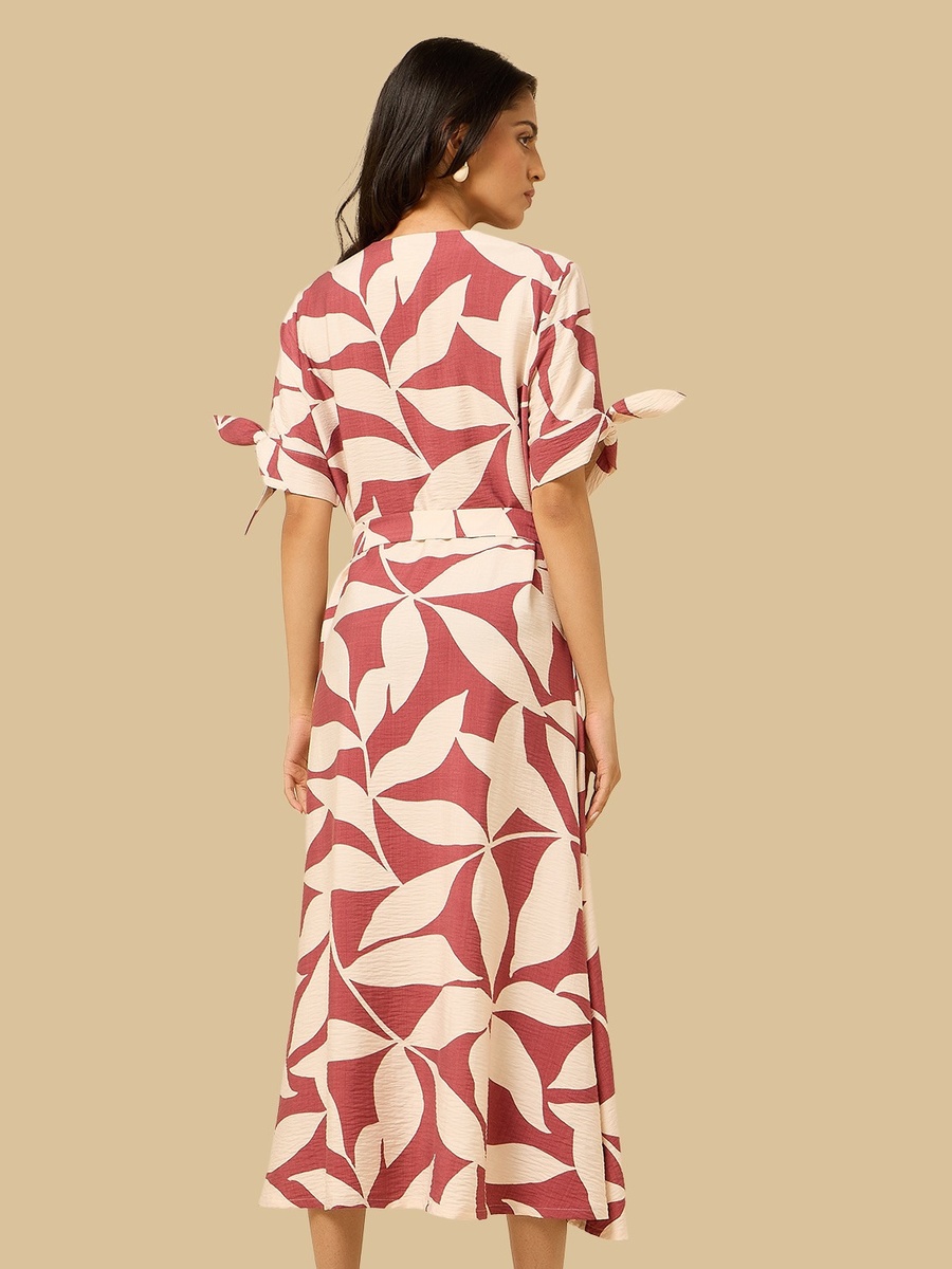 Printed V-Neck Belted Midi Shirt Dress