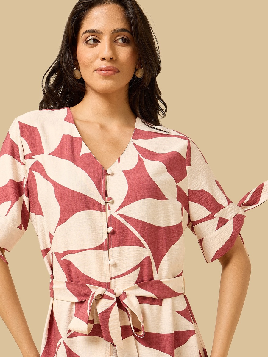 Printed V-Neck Belted Midi Shirt Dress