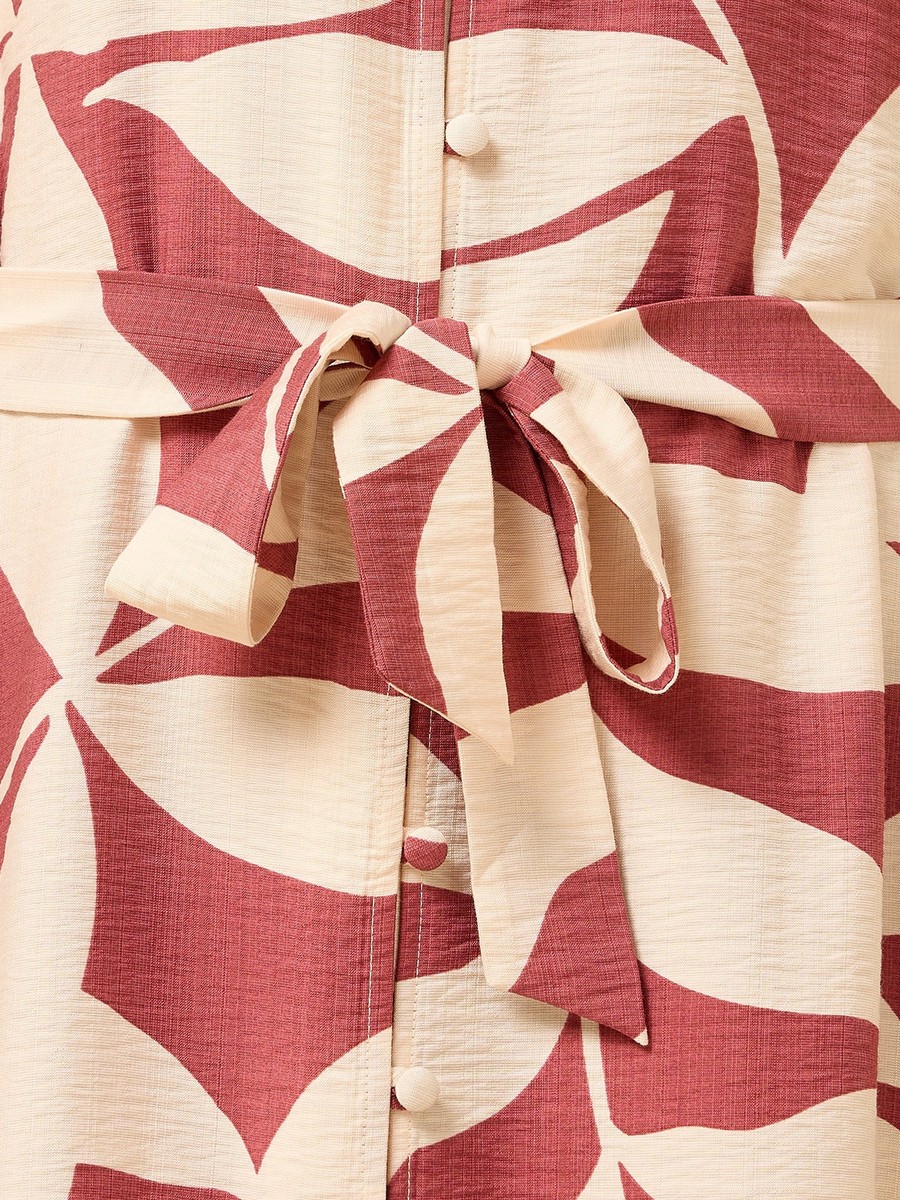 Printed V-Neck Belted Midi Shirt Dress
