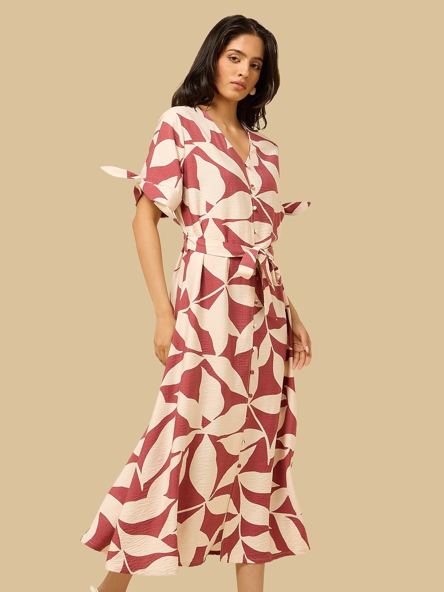 Printed V-Neck Belted Midi Shirt Dress