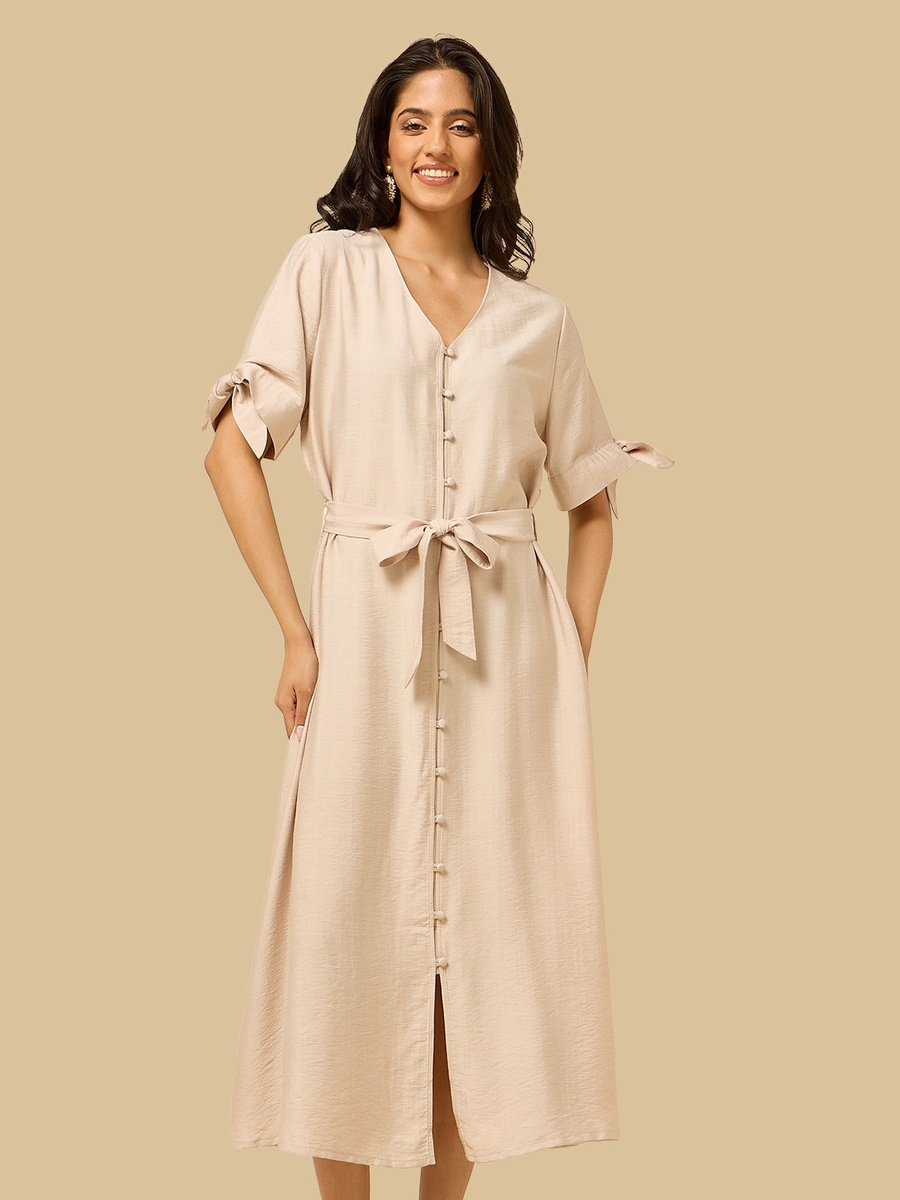 Belted V-Neck Midi Shirt Dress