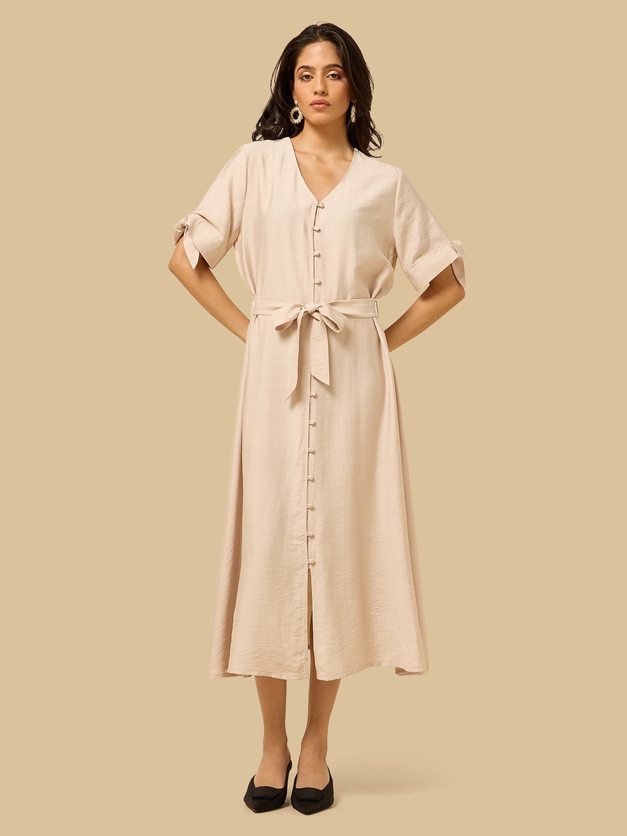 Belted V-Neck Midi Shirt Dress