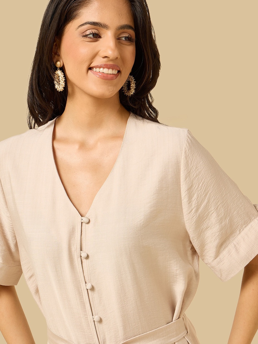 Belted V-Neck Midi Shirt Dress