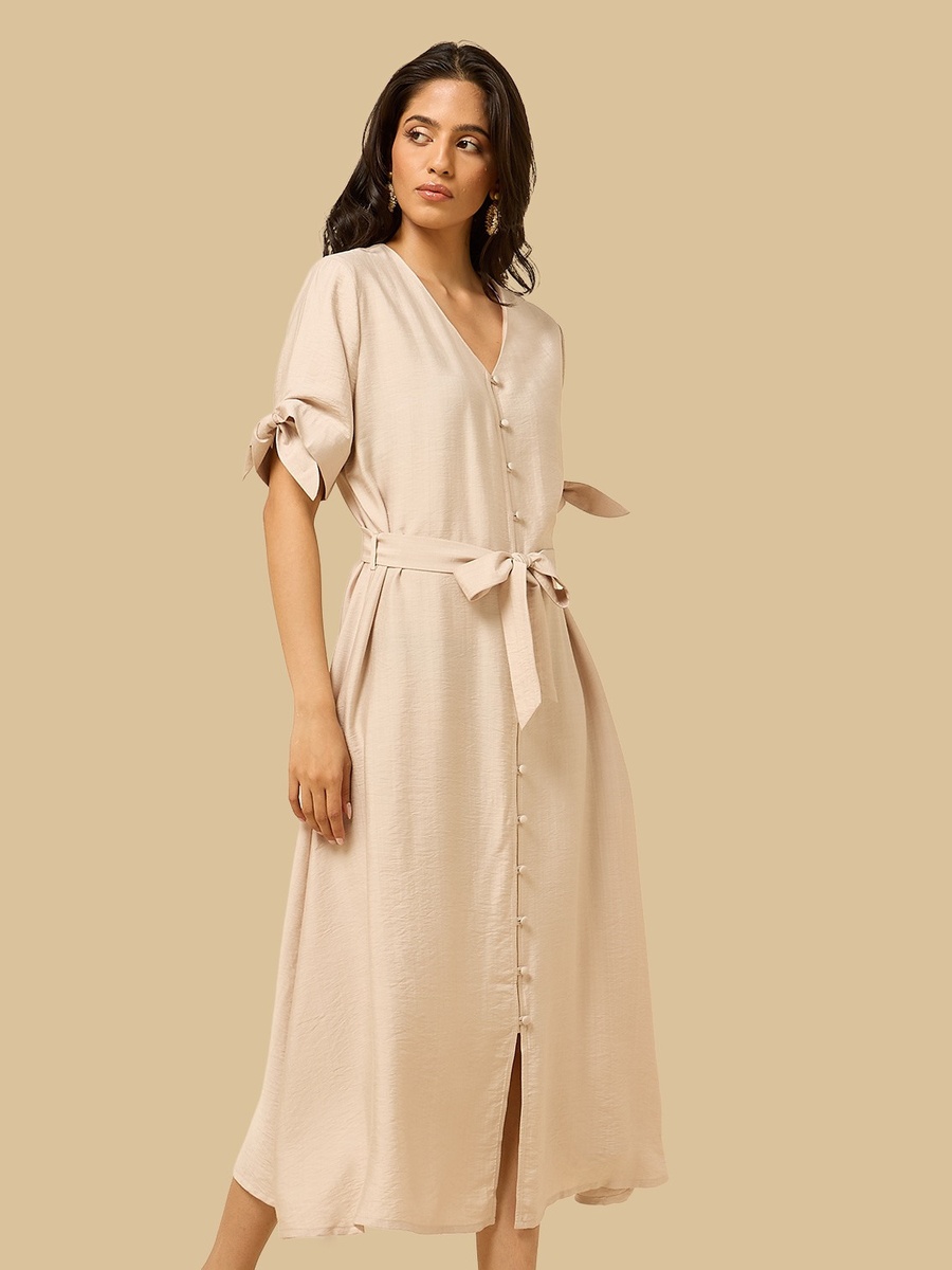 Belted V-Neck Midi Shirt Dress
