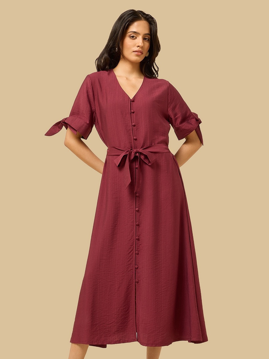 Belted V-Neck Midi Shirt Dress