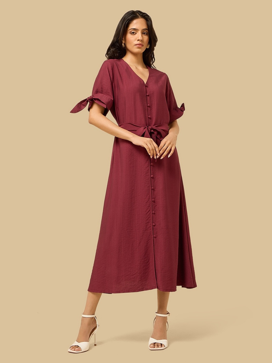 Belted V-Neck Midi Shirt Dress