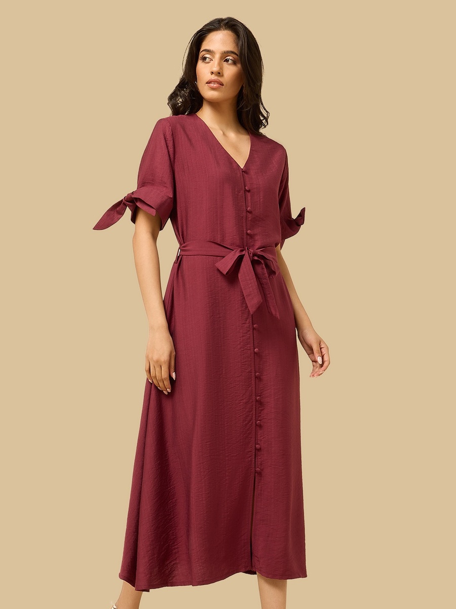Belted V-Neck Midi Shirt Dress