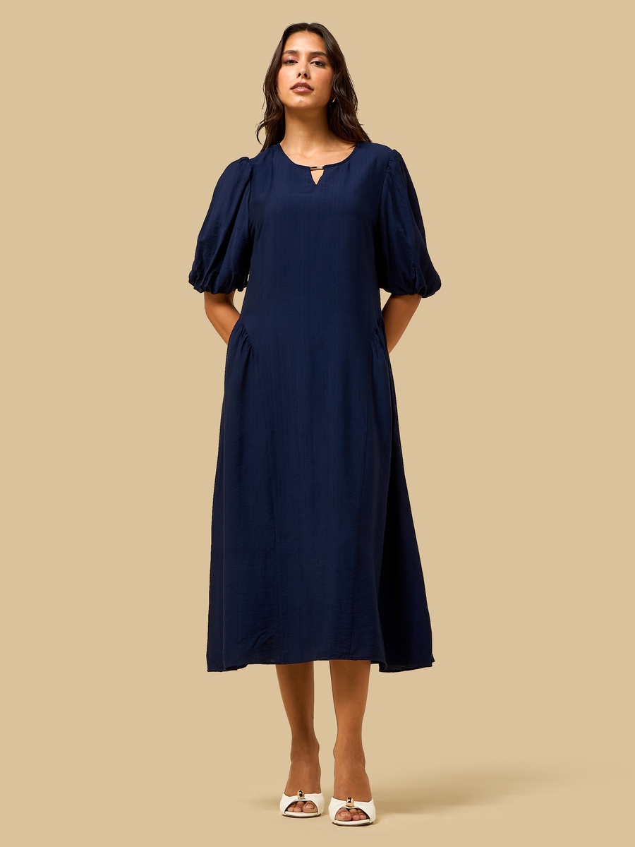 Keyhole Neck Puff Sleeves Midi Dress