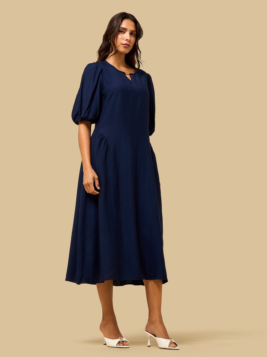 Keyhole Neck Puff Sleeves Midi Dress