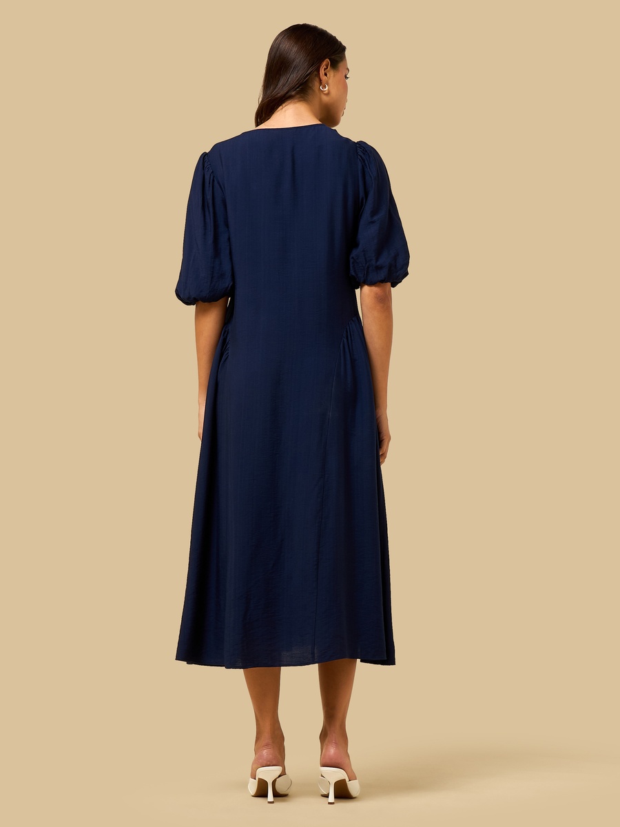 Keyhole Neck Puff Sleeves Midi Dress