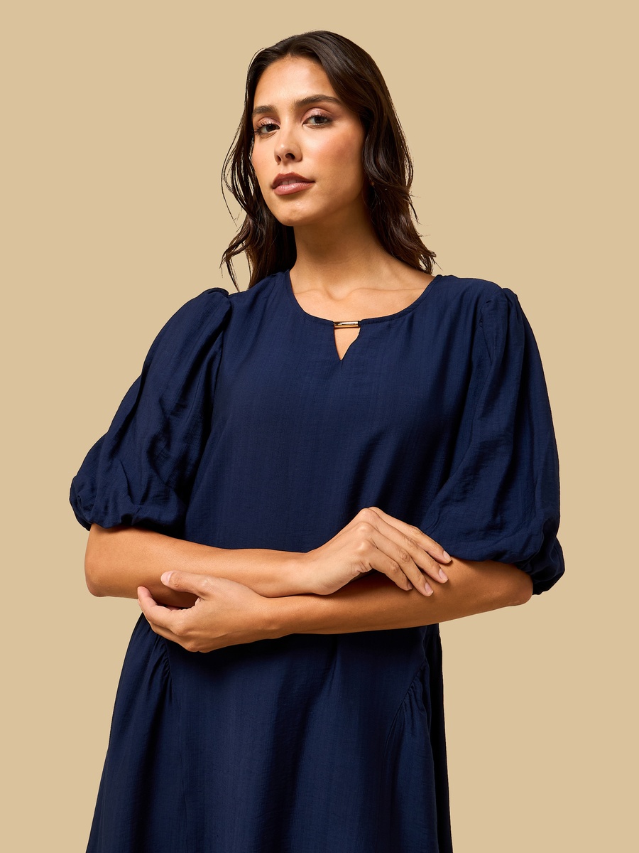 Keyhole Neck Puff Sleeves Midi Dress