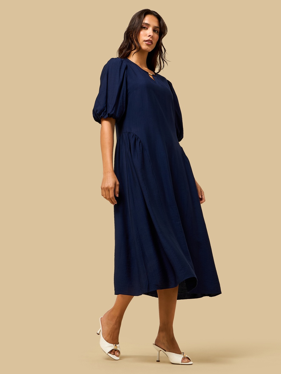 Keyhole Neck Puff Sleeves Midi Dress