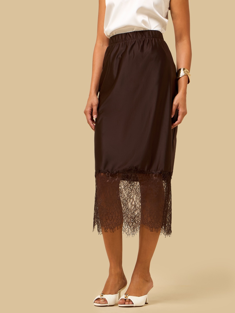 Lace Trim Satin Midi Skirt