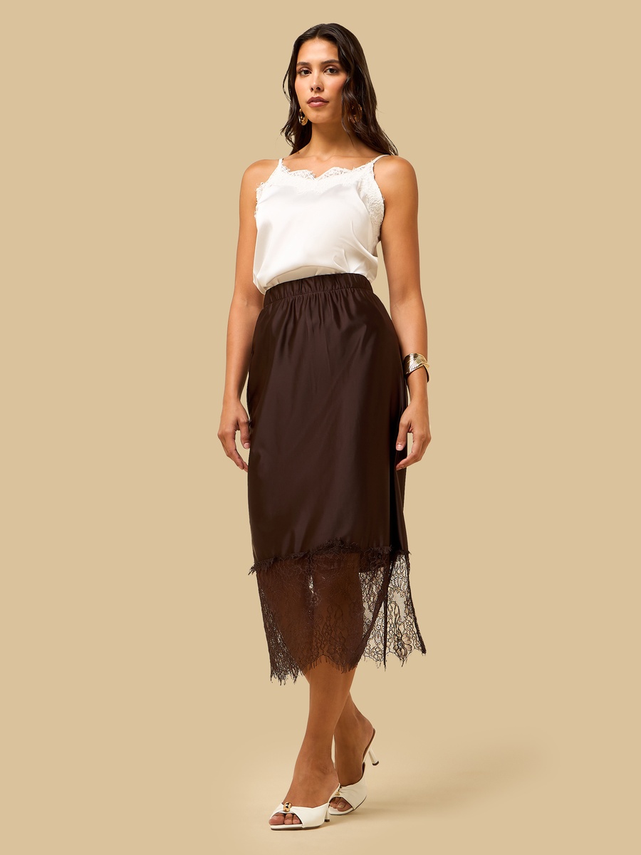 Lace Trim Satin Midi Skirt