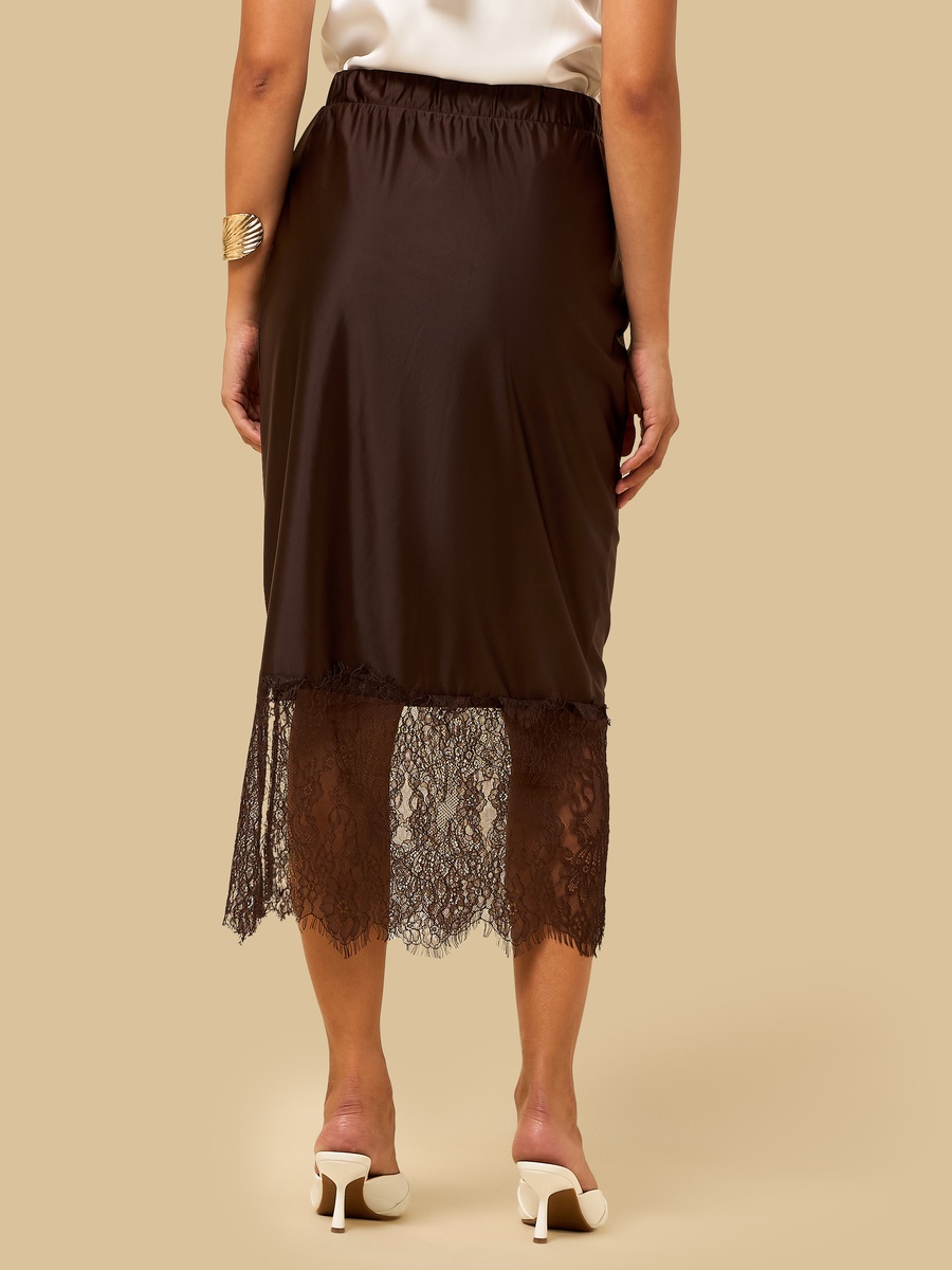 Lace Trim Satin Midi Skirt