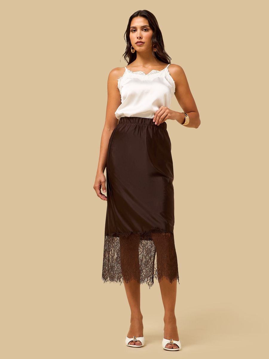 Lace Trim Satin Midi Skirt