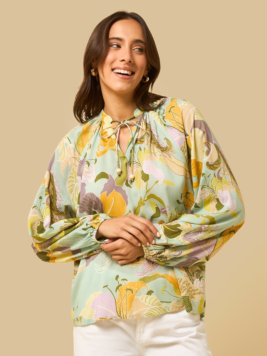 Floral Print Top with Neck Tie-Up