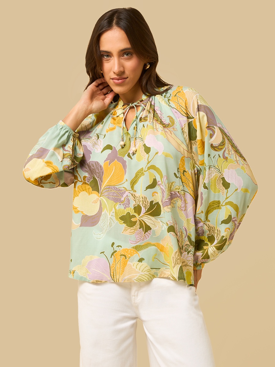 Floral Print Top with Neck Tie-Up