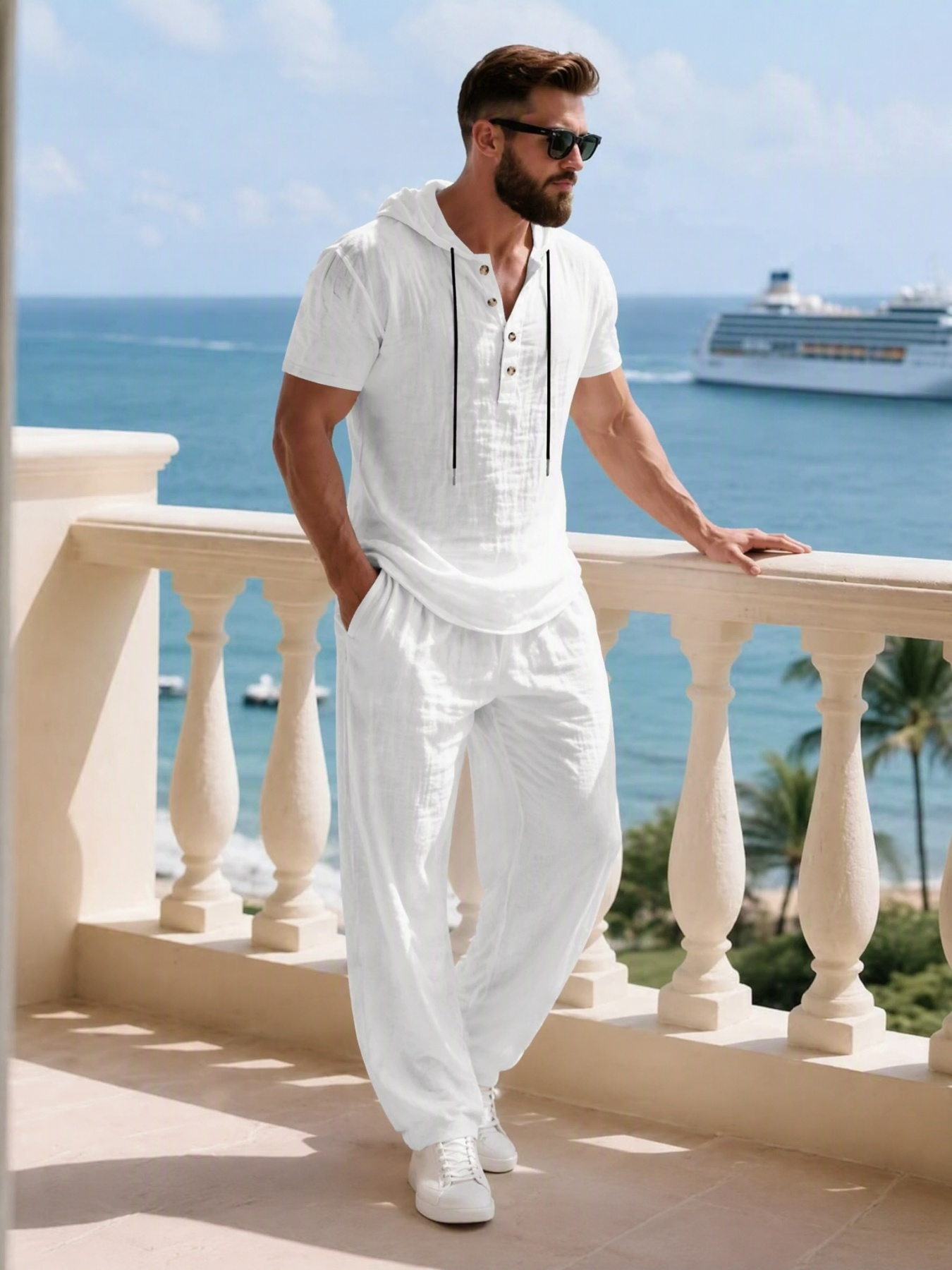 Men White Linen Hooded Henley and Trousers Set