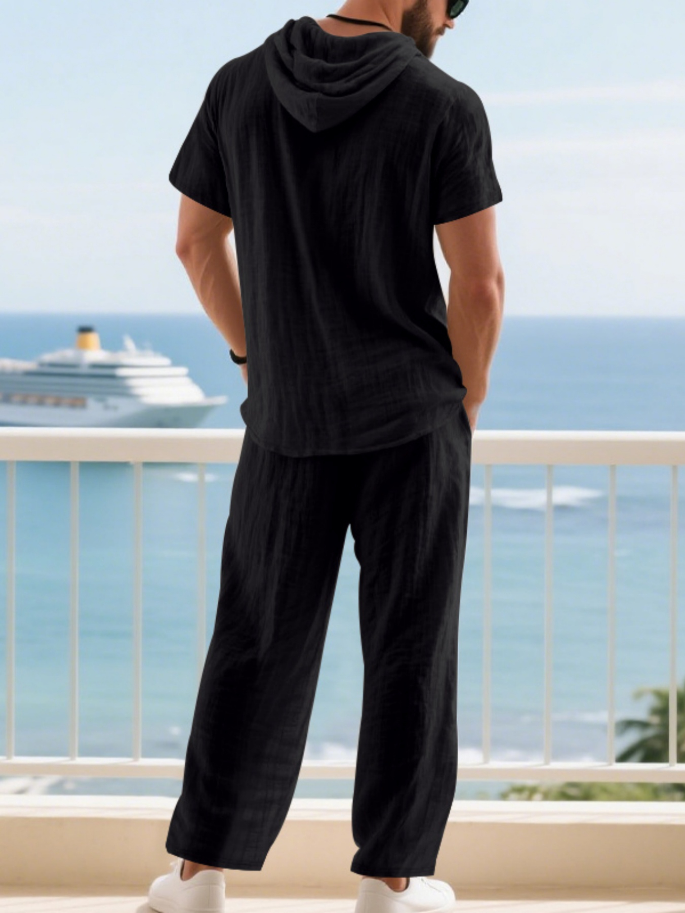 Men Black Linen Hooded Henley and Trousers Set