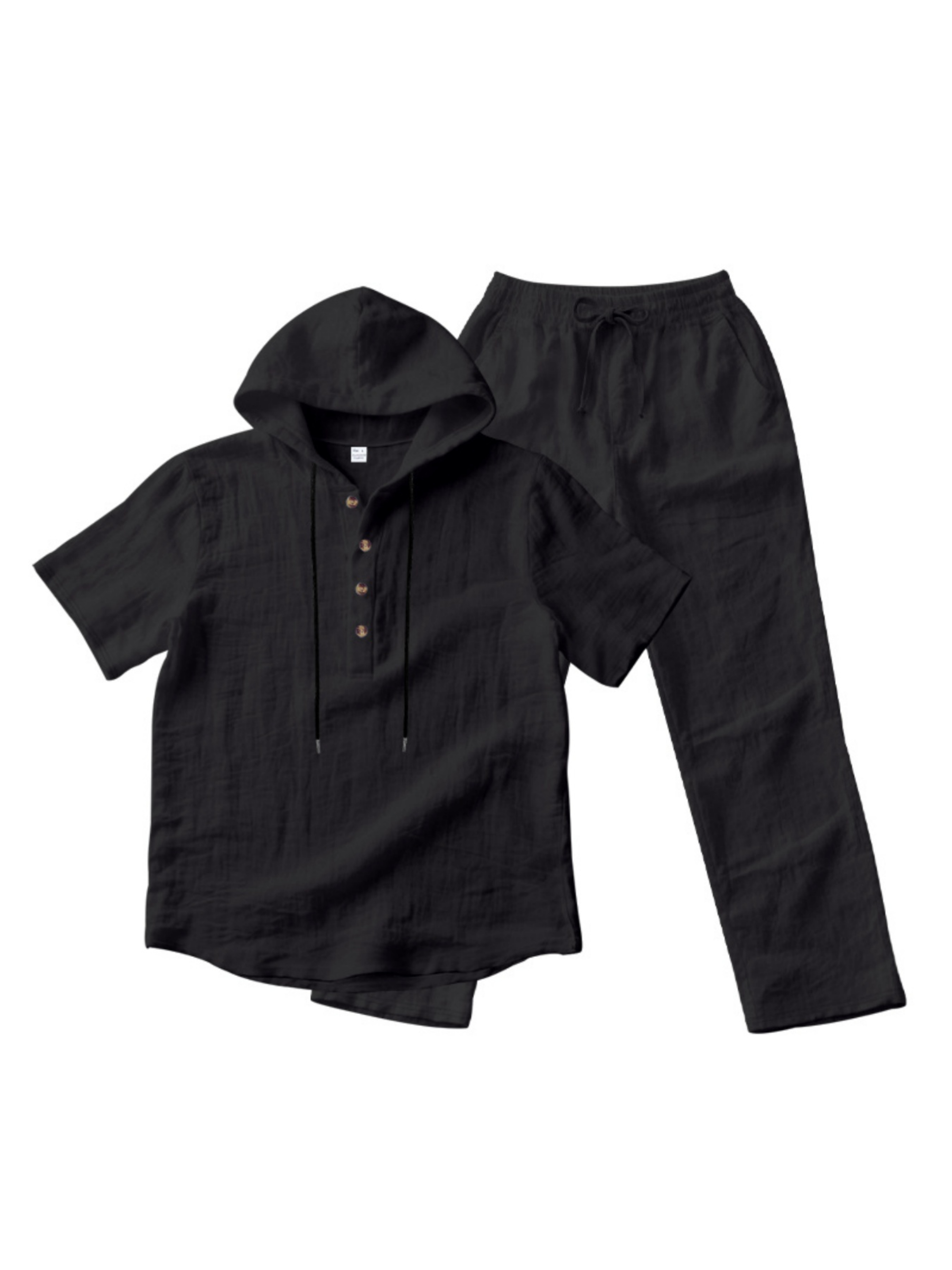 Men Black Linen Hooded Henley and Trousers Set