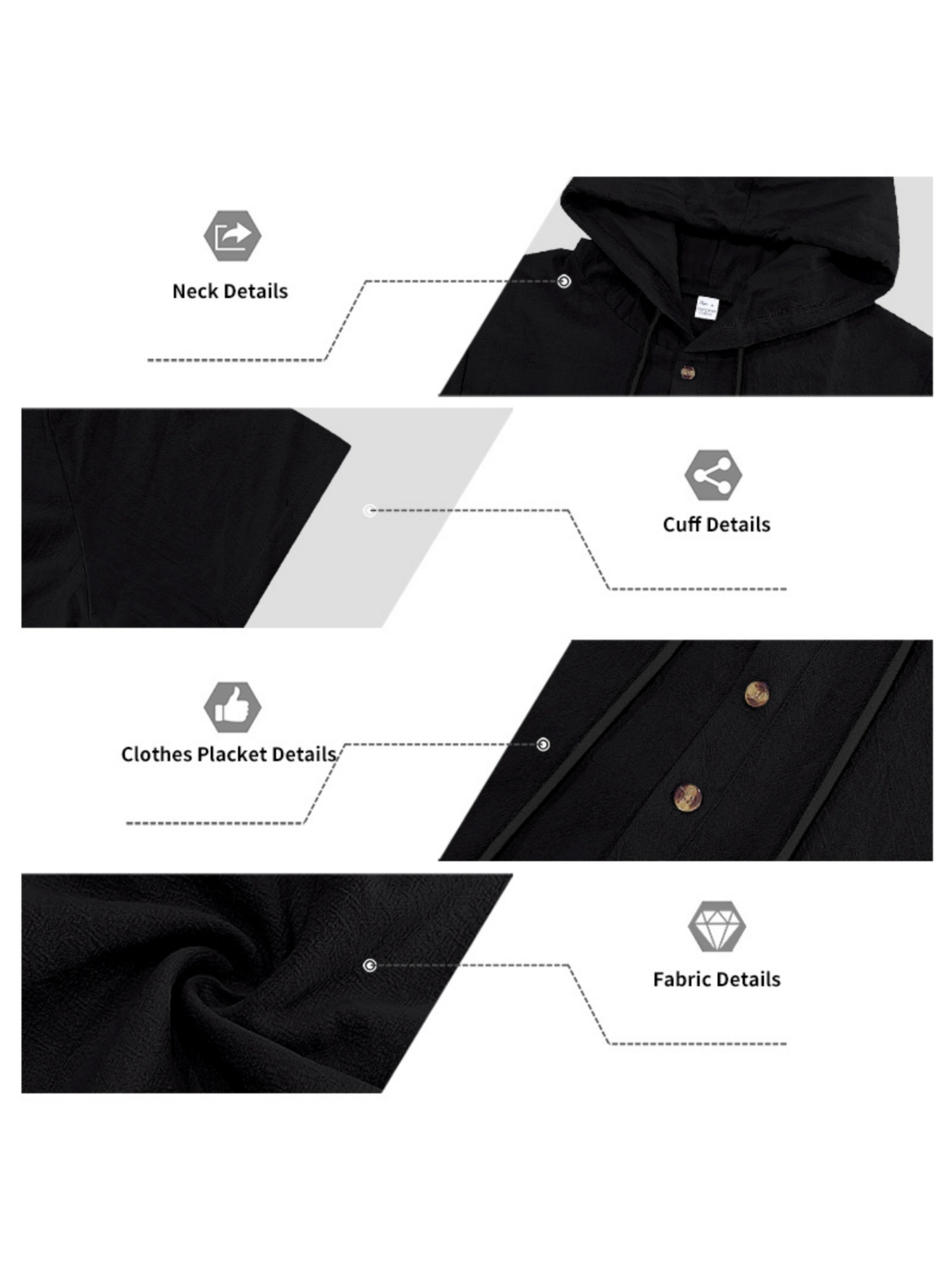 Men Black Linen Hooded Henley and Trousers Set