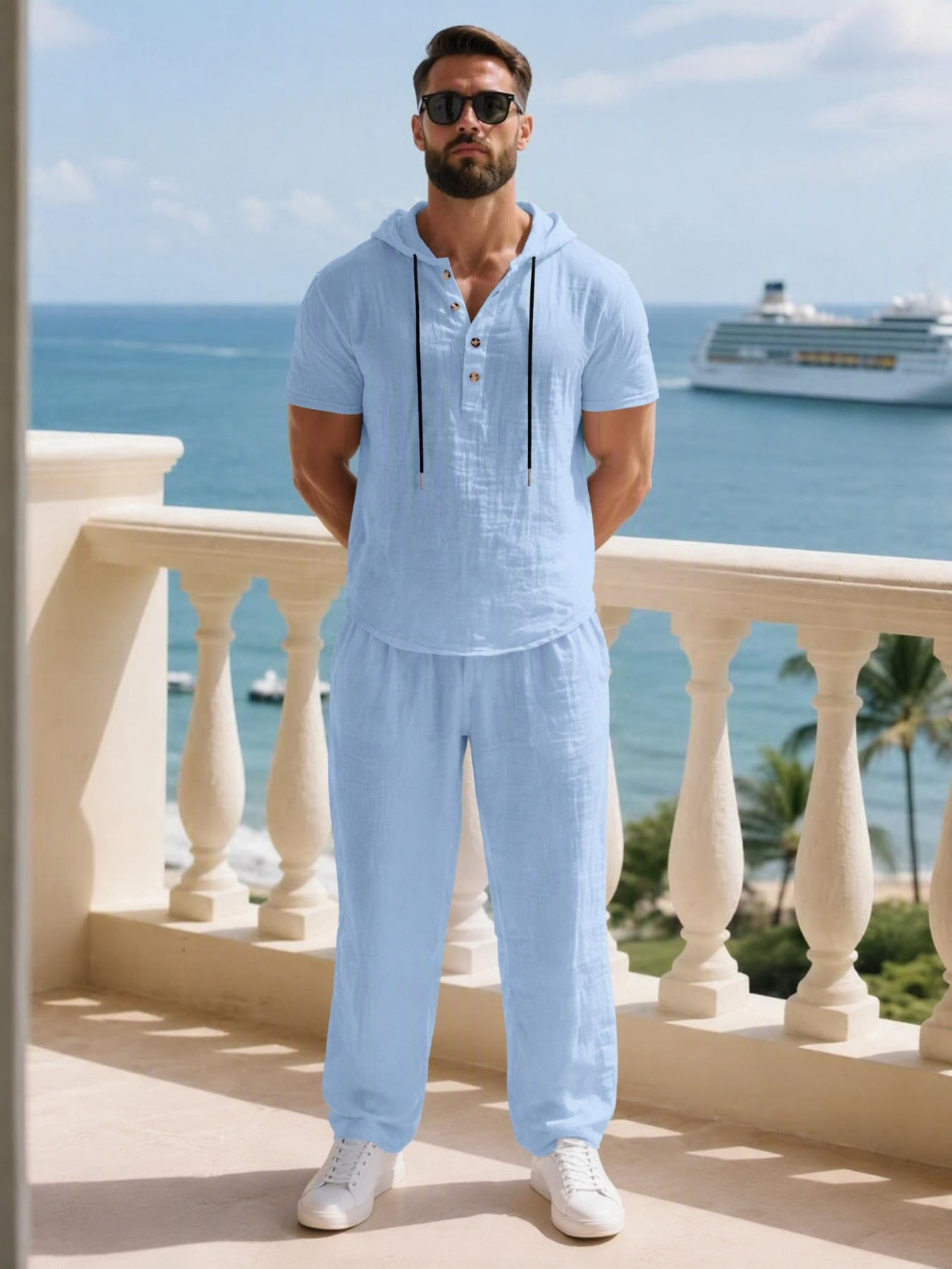 Men Light Blue Linen Hooded Henley and Trousers Set