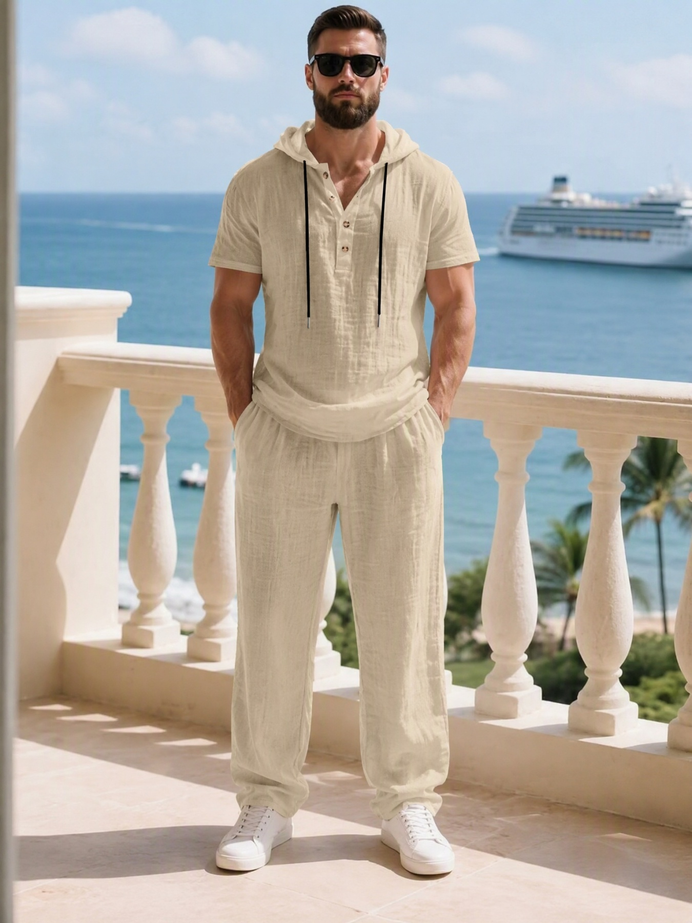 Men Beige Linen Short-Sleeve Henley Hoodie and Trousers Set