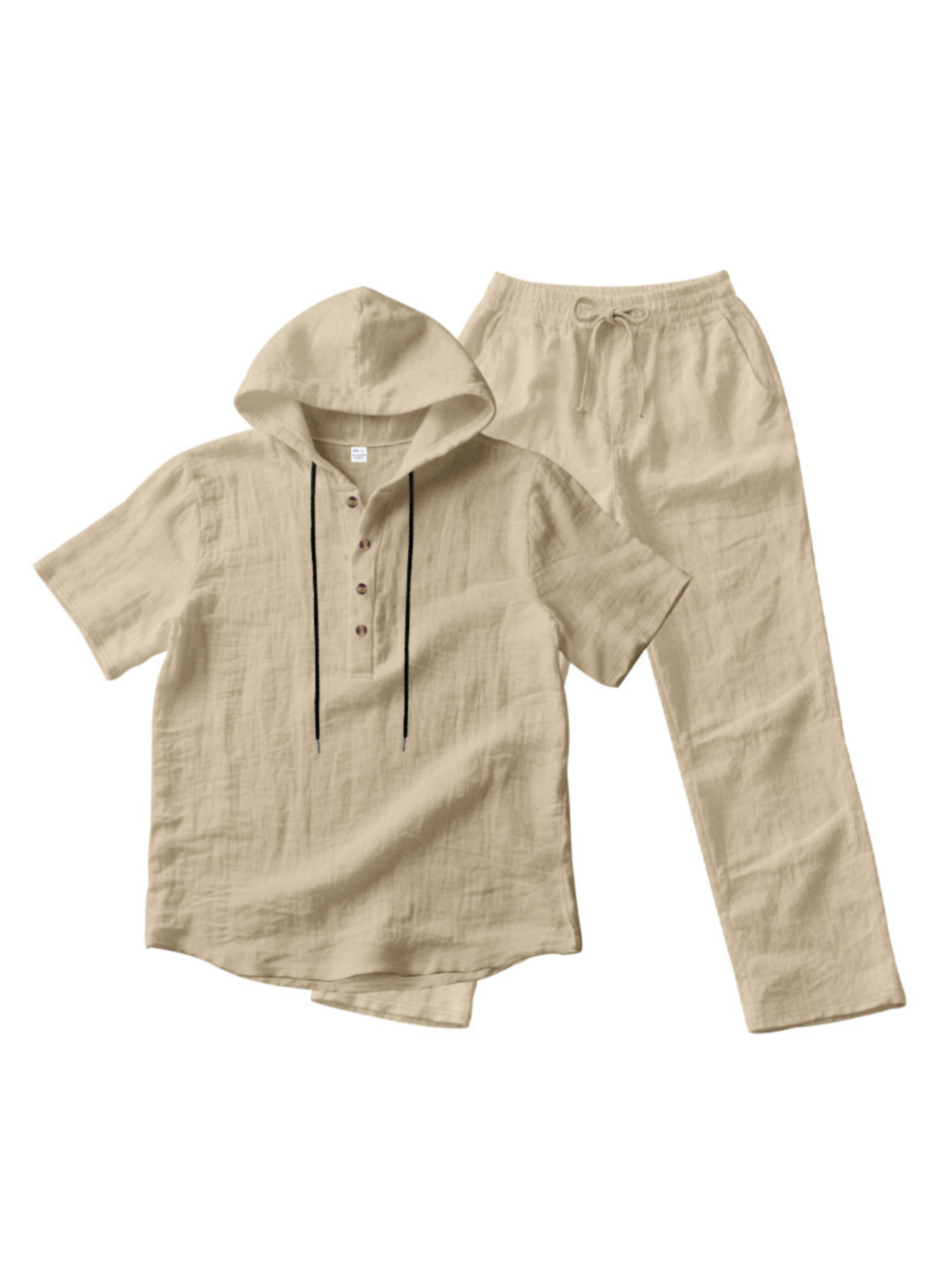 Men Beige Linen Short-Sleeve Henley Hoodie and Trousers Set