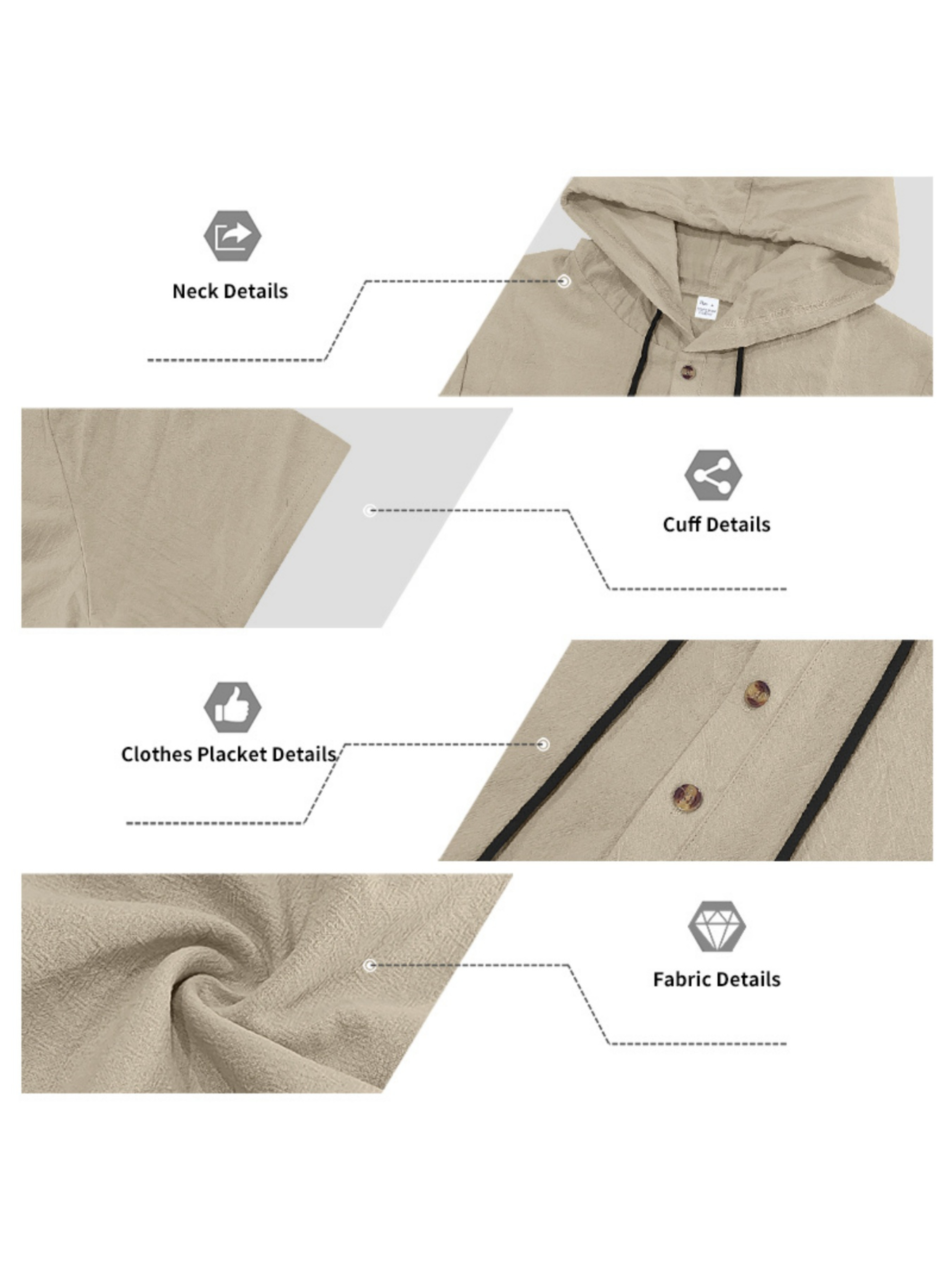 Men Beige Linen Short-Sleeve Henley Hoodie and Trousers Set