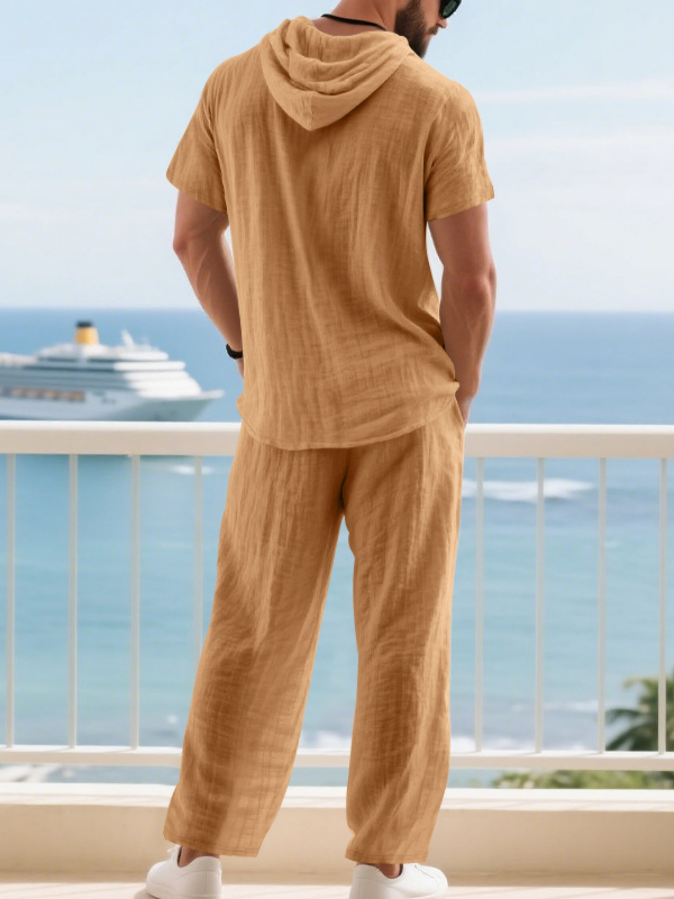 Men Brown Linen Hooded Henley and Trousers Set
