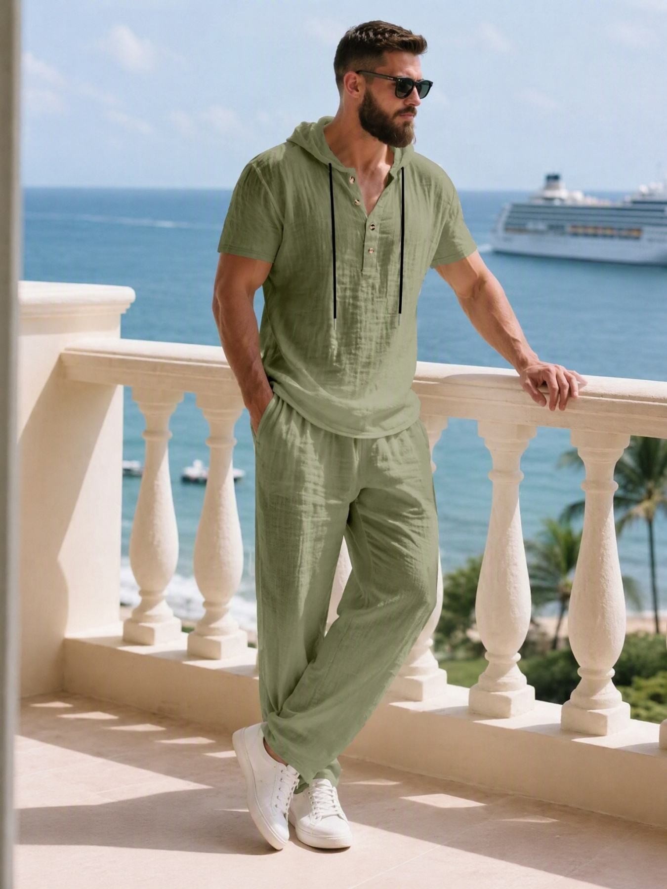 Men Green Linen Henley Hoodie and Trousers Set
