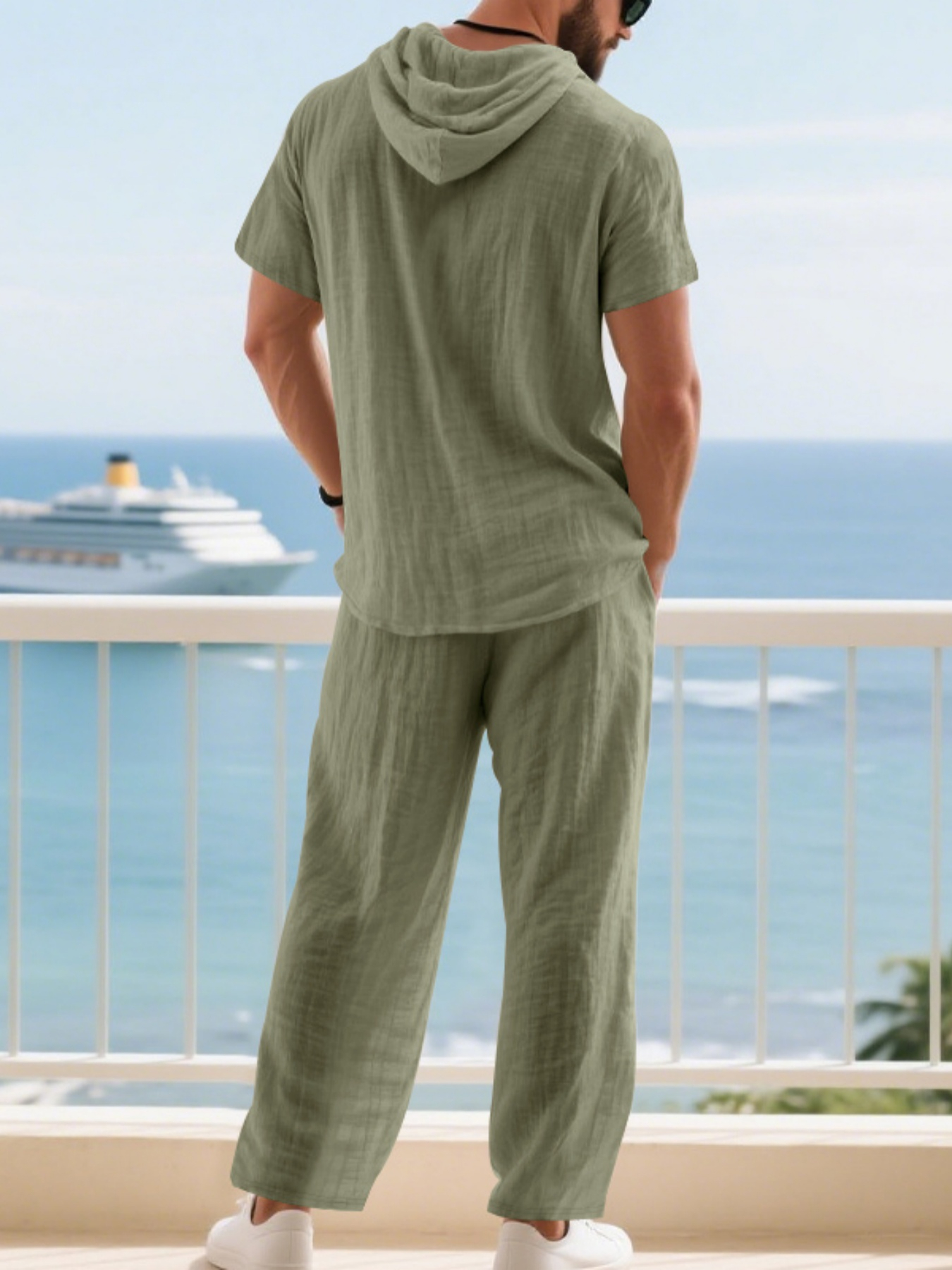 Men Green Linen Henley Hoodie and Trousers Set
