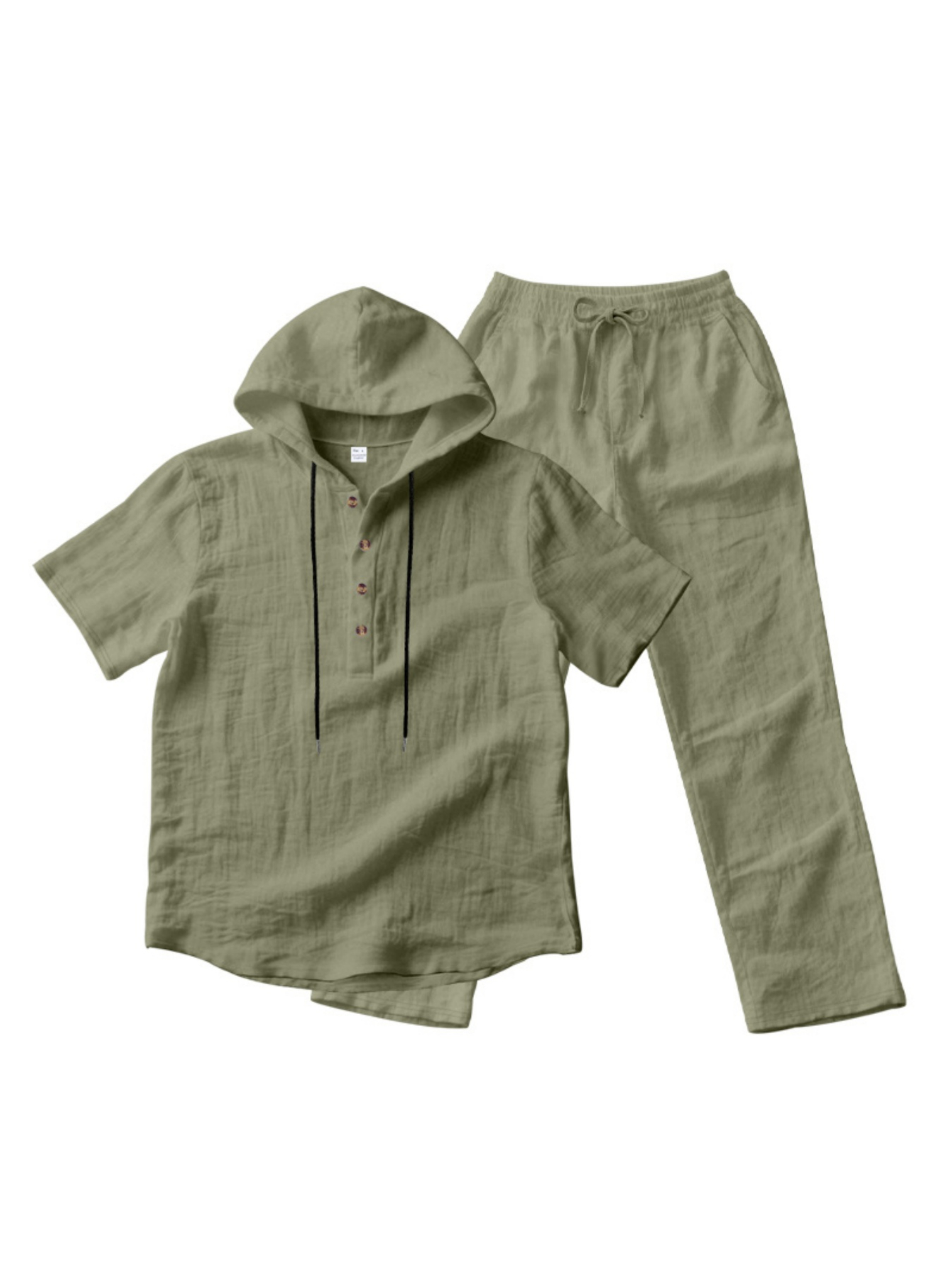 Men Green Linen Henley Hoodie and Trousers Set