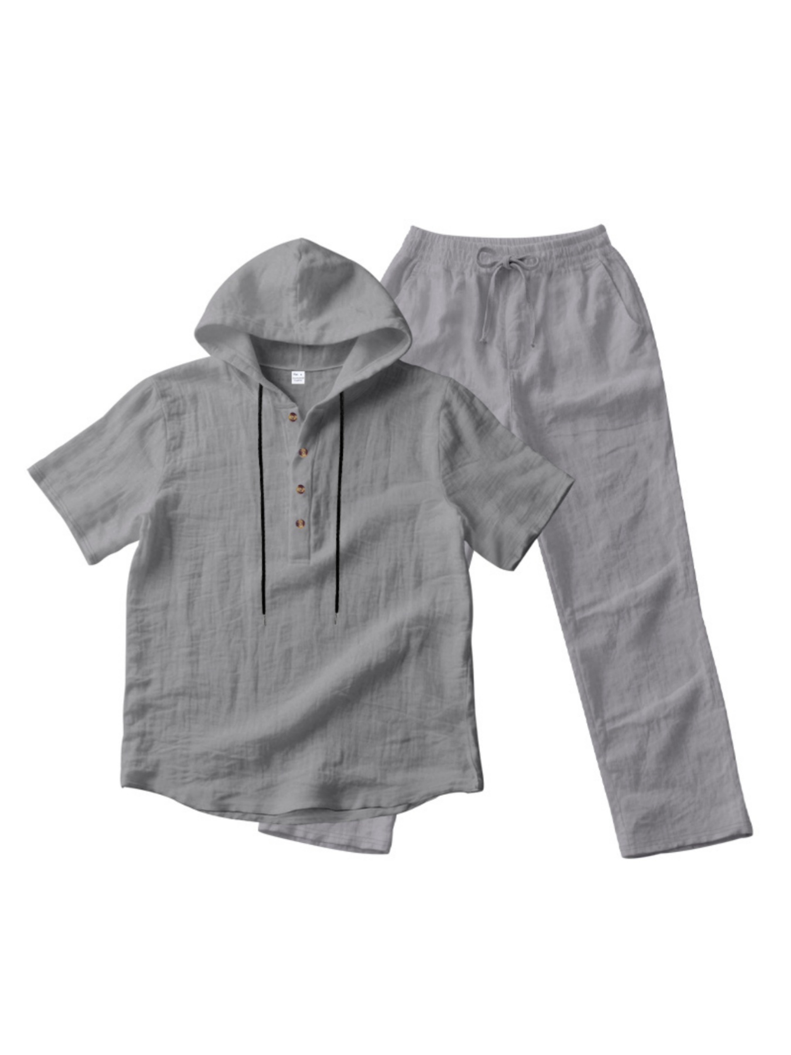 Men Grey Linen Hooded Henley and Trousers Set