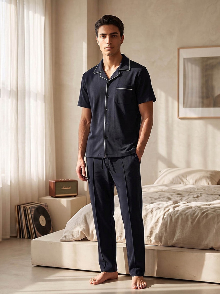 Cotton Piping Detail Button Front Nightwear Set