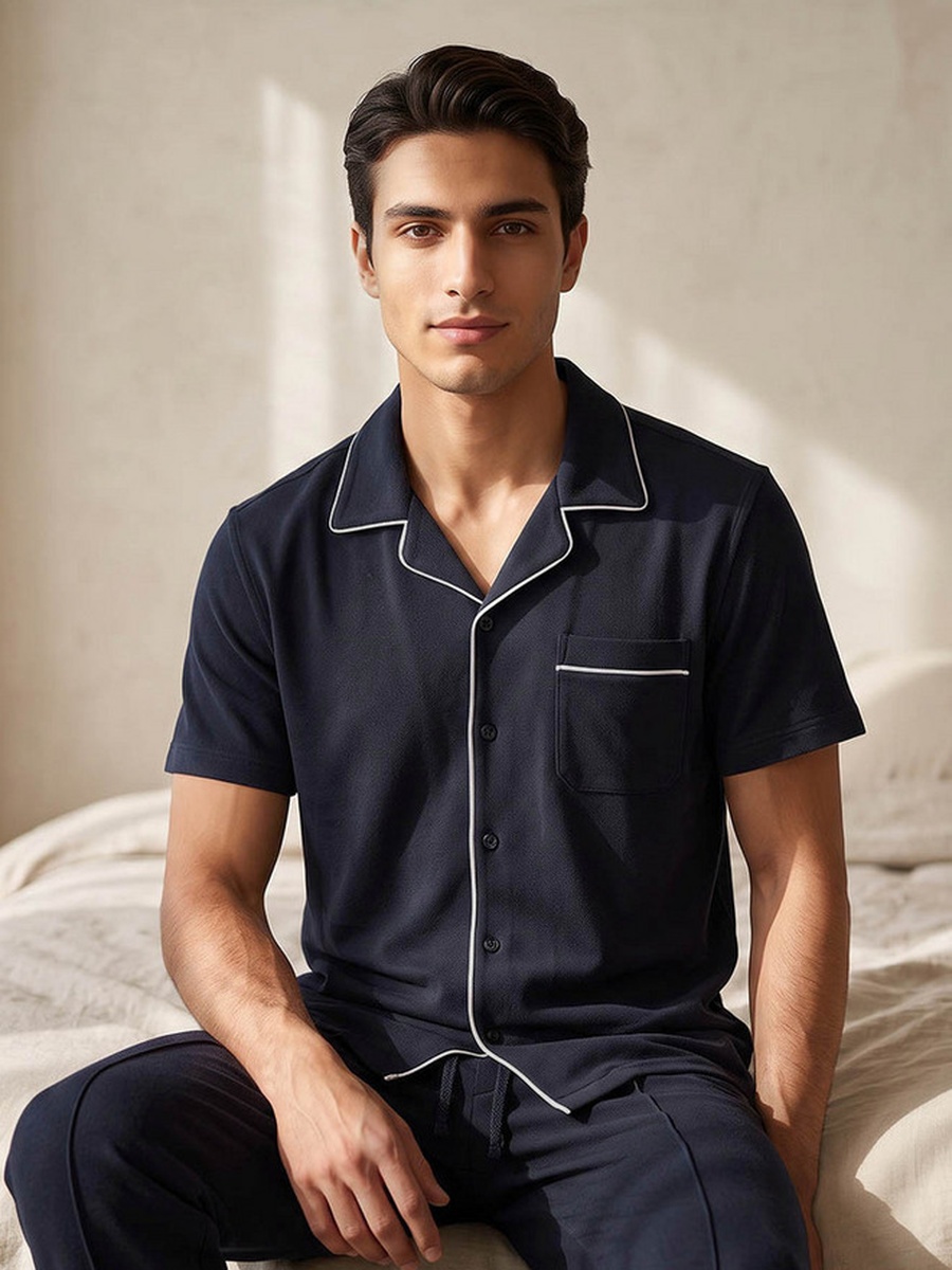 Cotton Piping Detail Button Front Nightwear Set
