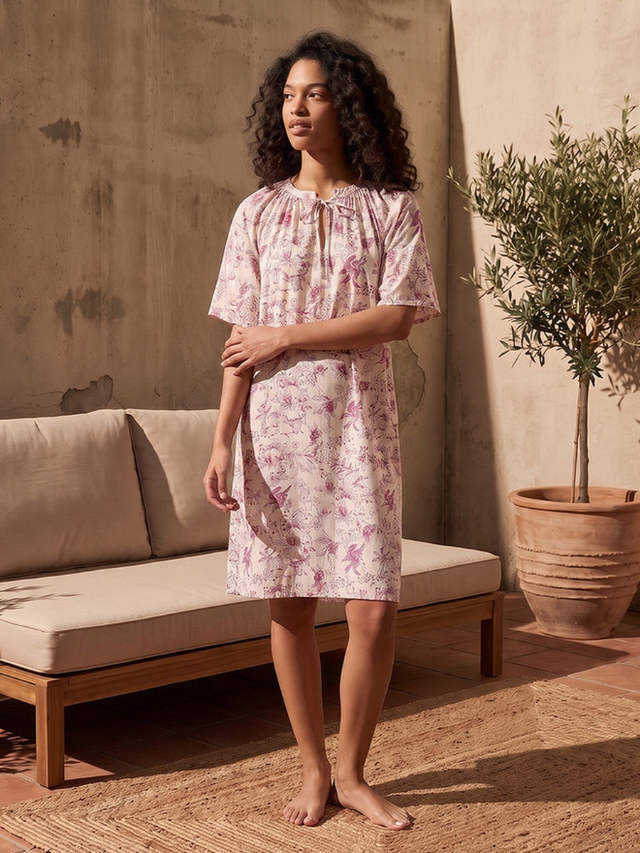Set of 2 - Short Sleeves Tie-Ups Viscose Knee Length Night Dress