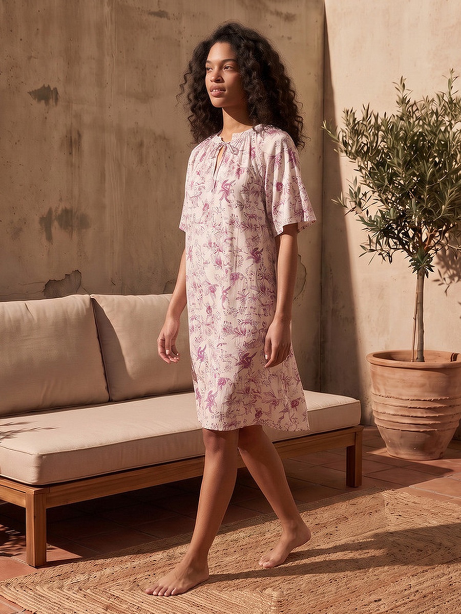 Set of 2 - Short Sleeves Tie-Ups Viscose Knee Length Night Dress