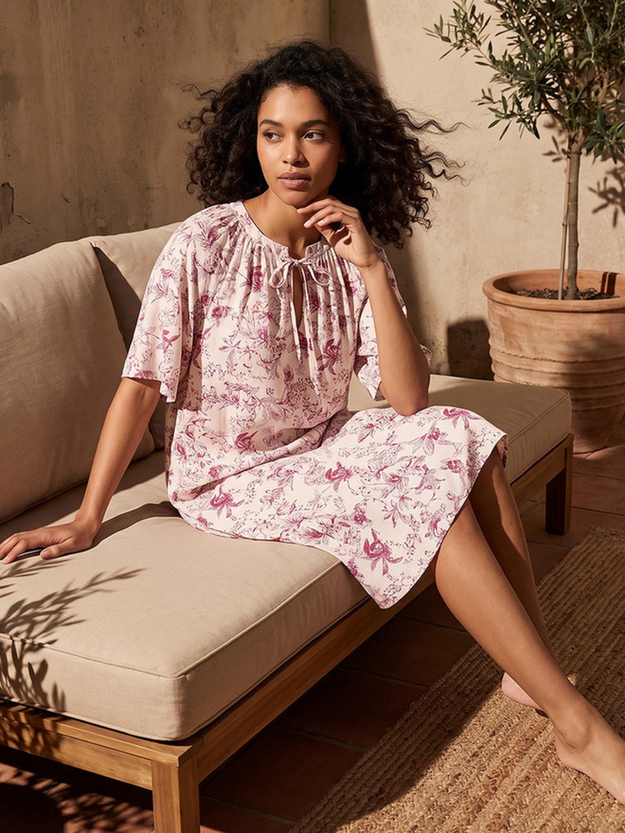 Set of 2 - Short Sleeves Tie-Ups Viscose Knee Length Night Dress