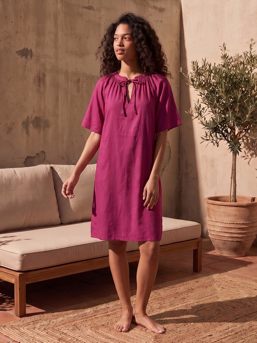 Set of 2 - Short Sleeves Tie-Ups Viscose Knee Length Night Dress