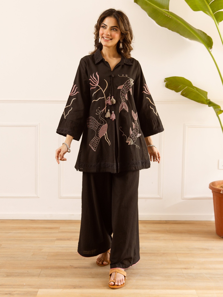 Black Cotton Flex Embroidered Co-ord Set