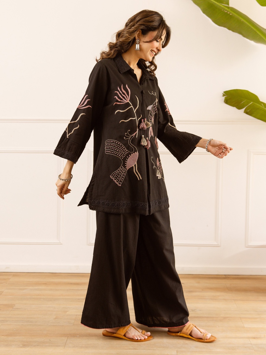 Black Cotton Flex Embroidered Co-ord Set