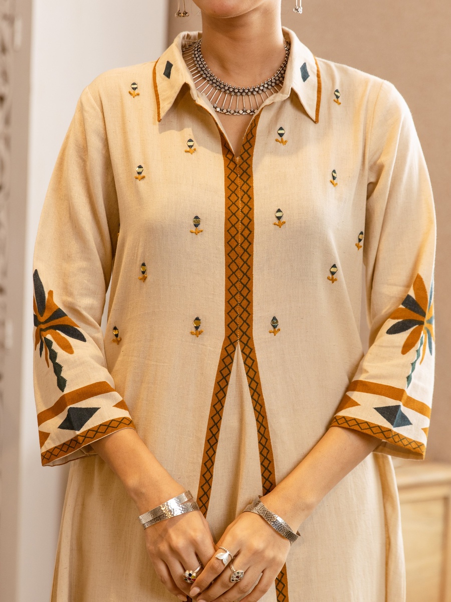 Beige Cotton Embroidered Flex A-Line Co-ord Set for Women