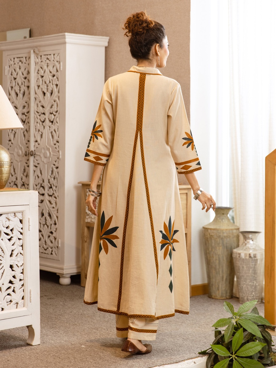 Beige Cotton Embroidered Flex A-Line Co-ord Set for Women