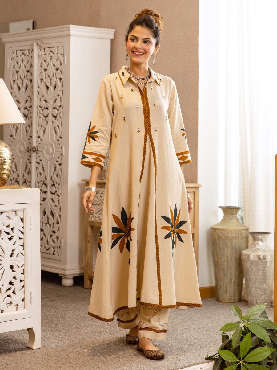Beige Cotton Embroidered Flex A-Line Co-ord Set for Women